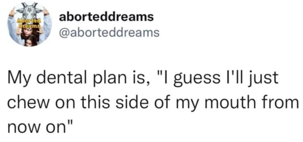 Funny tweet saying, "My dental plan is, 'I guess I'll just chew on this side of my mouth from now on'."
