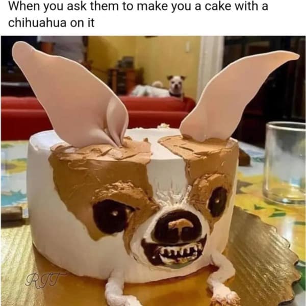 A hilarious cake fail of a chihuahua that looks demonic, with the real dog judging from the background.