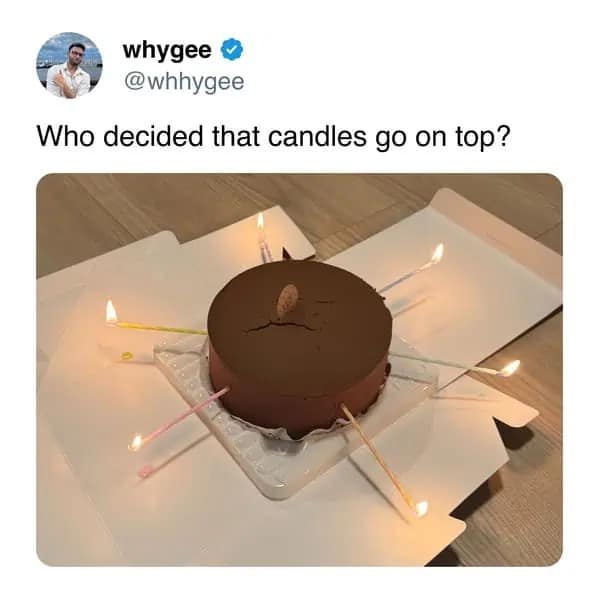 Chocolate cake with birthday candles sticking out the sides horizontally funny memes.