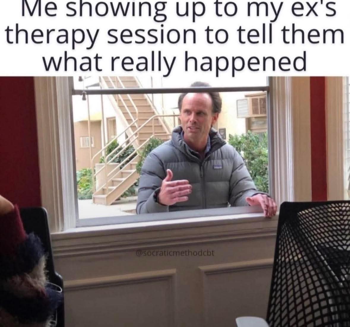 Man peering through window to interrupt a therapy session and correct the narrative.