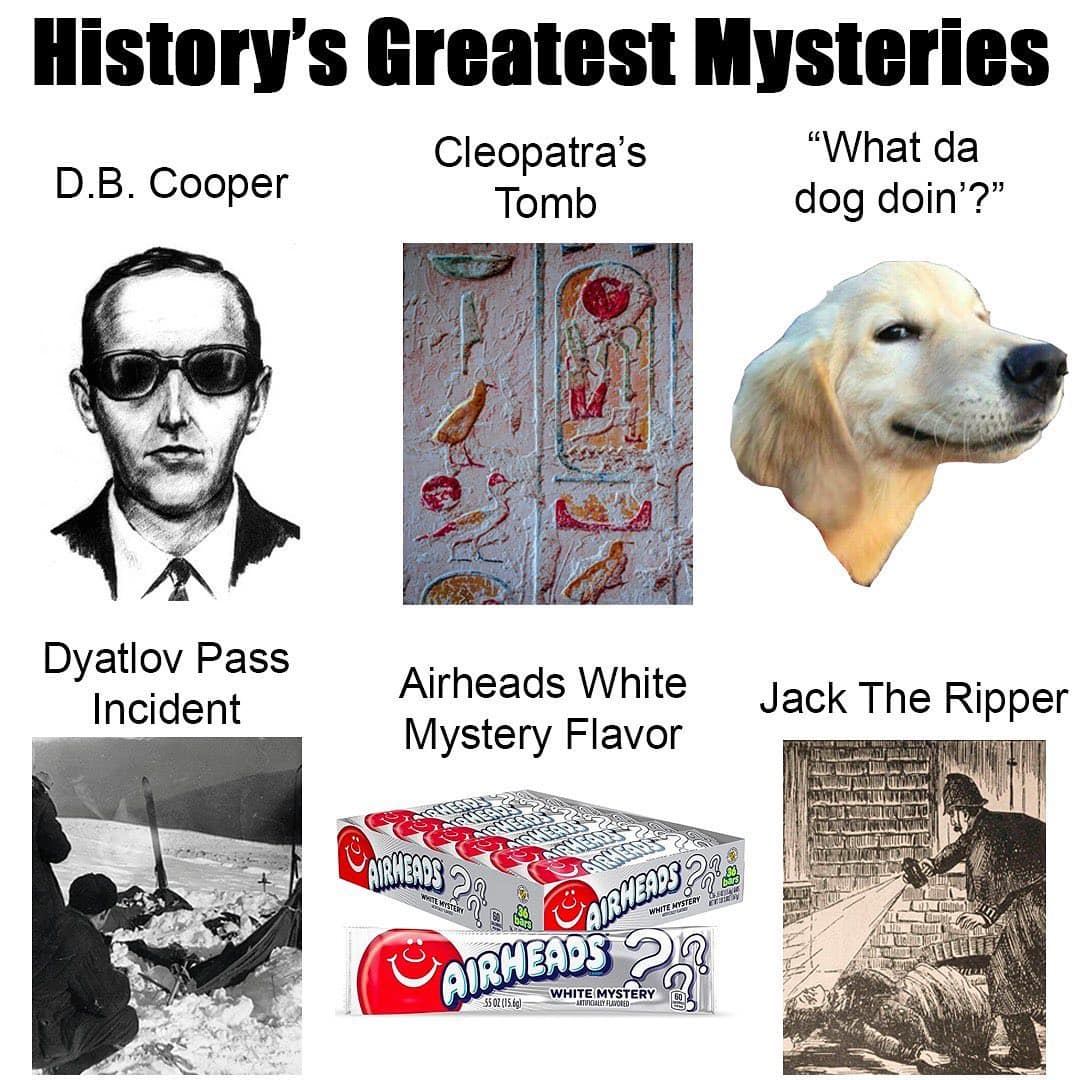 Collage of mysteries including Jack the Ripper and Airheads white mystery flavor.