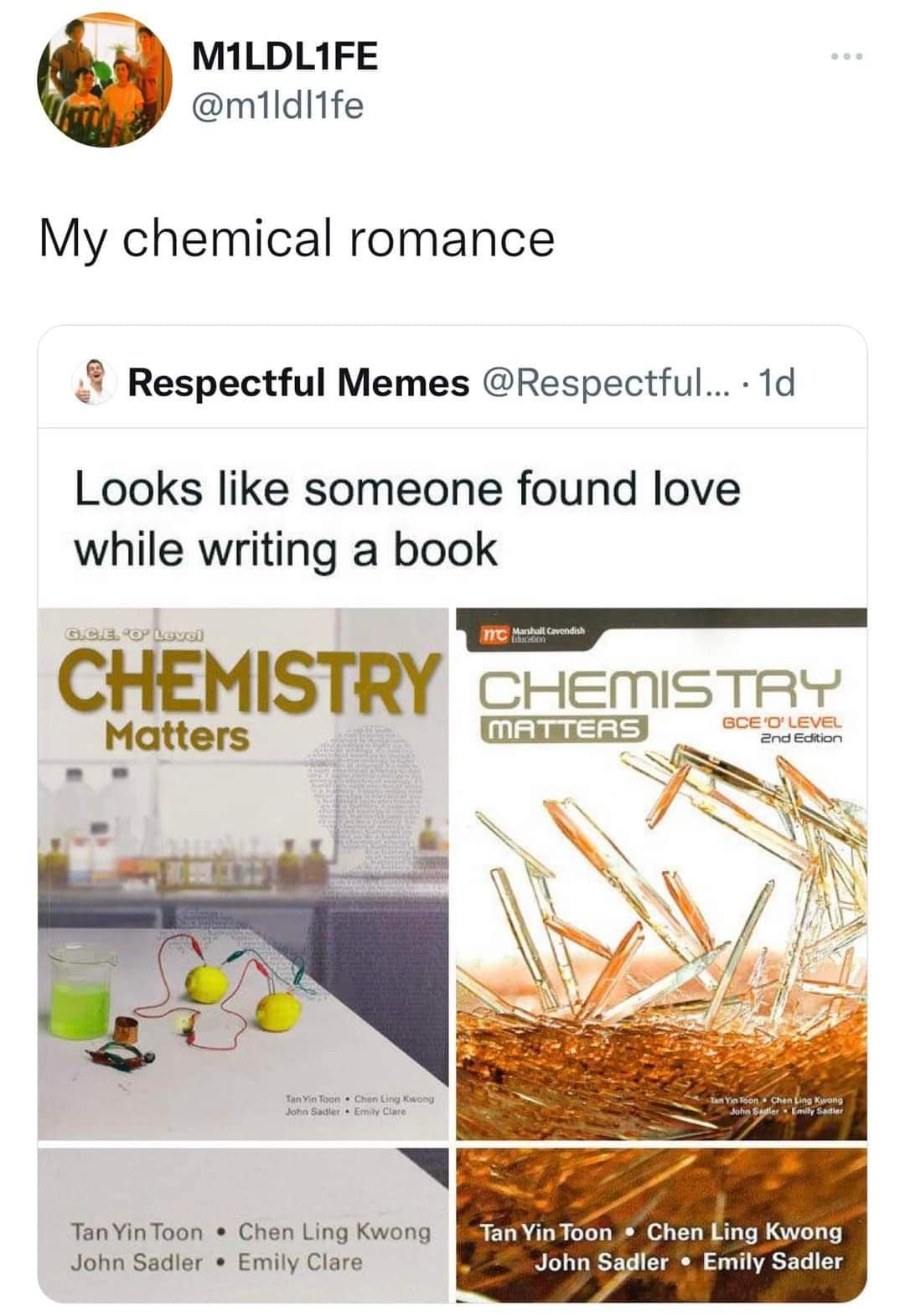 Chemistry textbook cover with molecules holding hands captioned My Chemical Romance.