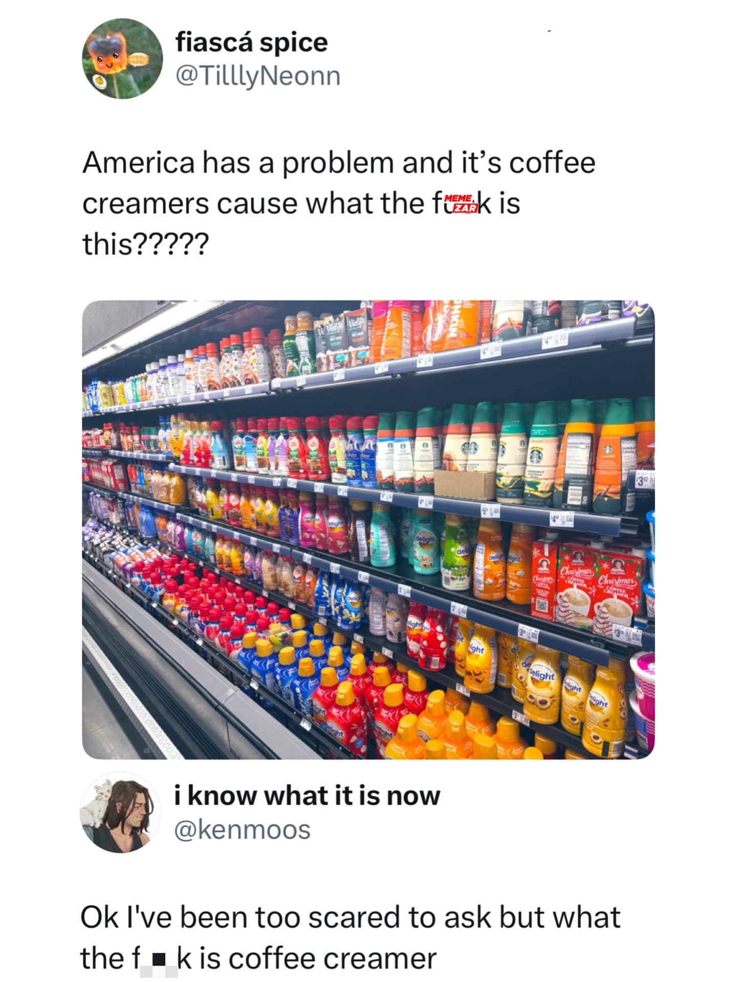 Viral tweet expressing confusion over the massive variety of flavored coffee creamers in American stores.