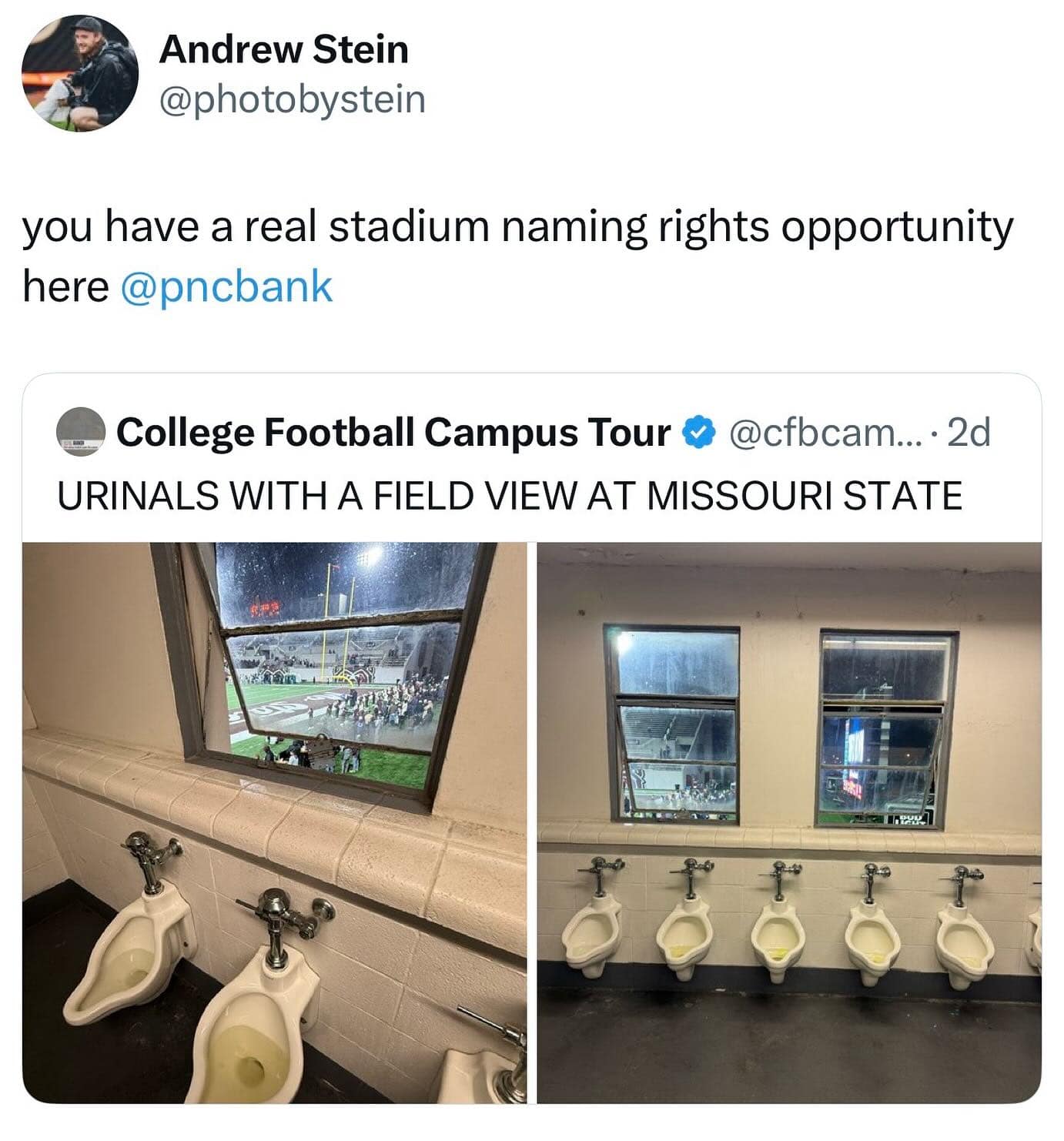 Funny pic tweet suggesting PNC Bank sponsor the "urinals with a field view" at Missouri State stadium.