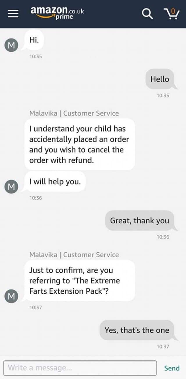 Amazon customer service chat refunding an accidental purchase of The Extreme Farts Extension Pack.