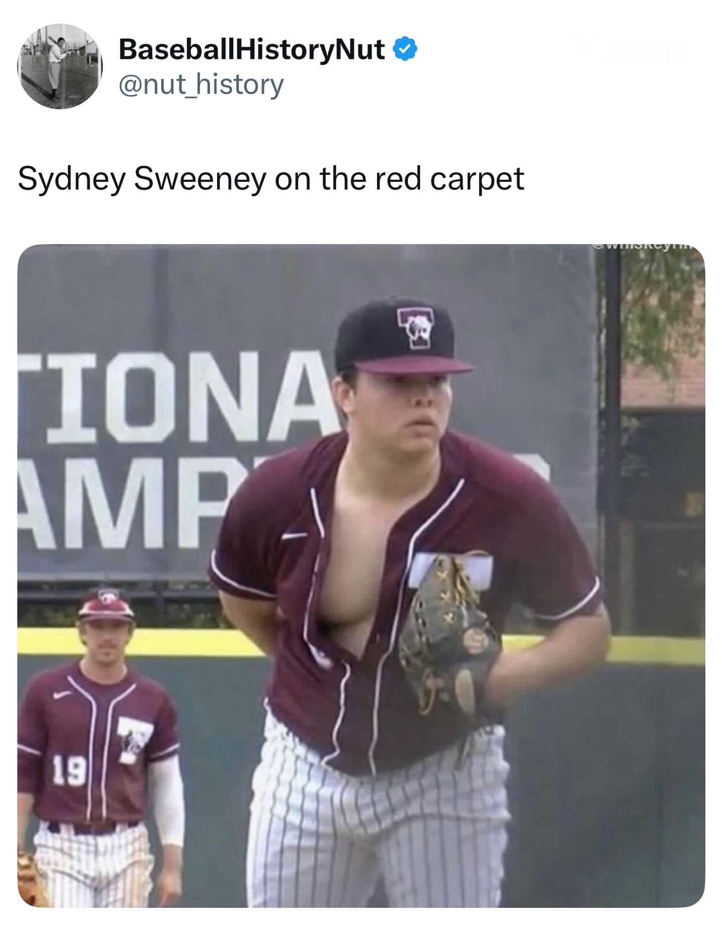 Funny pic tweet comparing a baseball player with an unbuttoned jersey showing his chest to Sydney Sweeney on the red carpet.