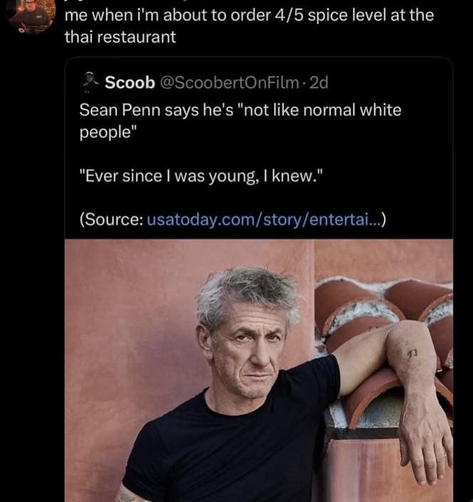 Sean Penn quote regarding not being normal white people compared to ordering spicy Thai food.