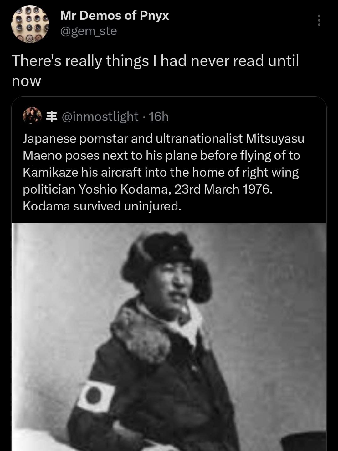 Historical fact tweet about a Japanese adult film star who flew a plane into a house.
