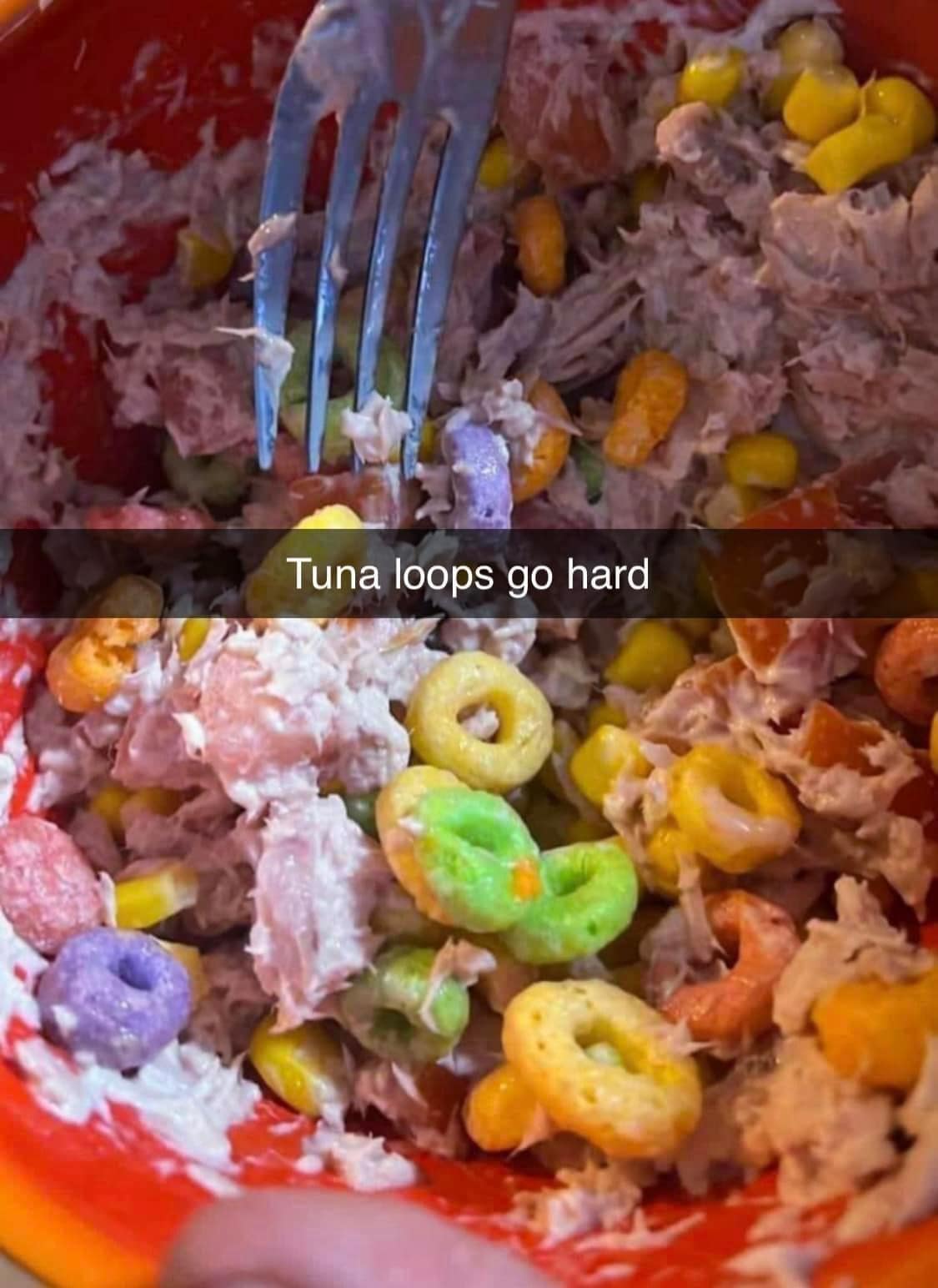 Cursed food image showing tuna salad mixed with colorful fruit loops cereal in a bowl.