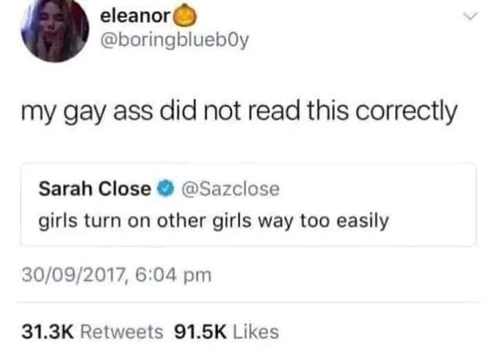 A funny pic of a tweet where someone misread "girls turn on other girls" in a gay way.