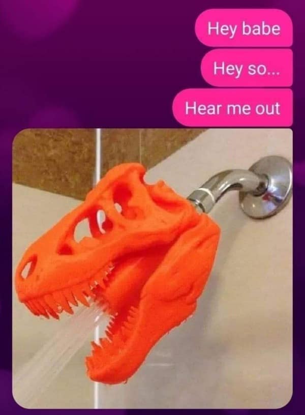 Funny pic of a text exchange showing someone trying to justify buying a bright orange T-Rex dinosaur skull showerhead.