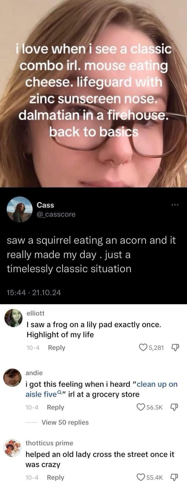 A funny picture of a tweet thread about loving "classic combos" like a squirrel with an acorn