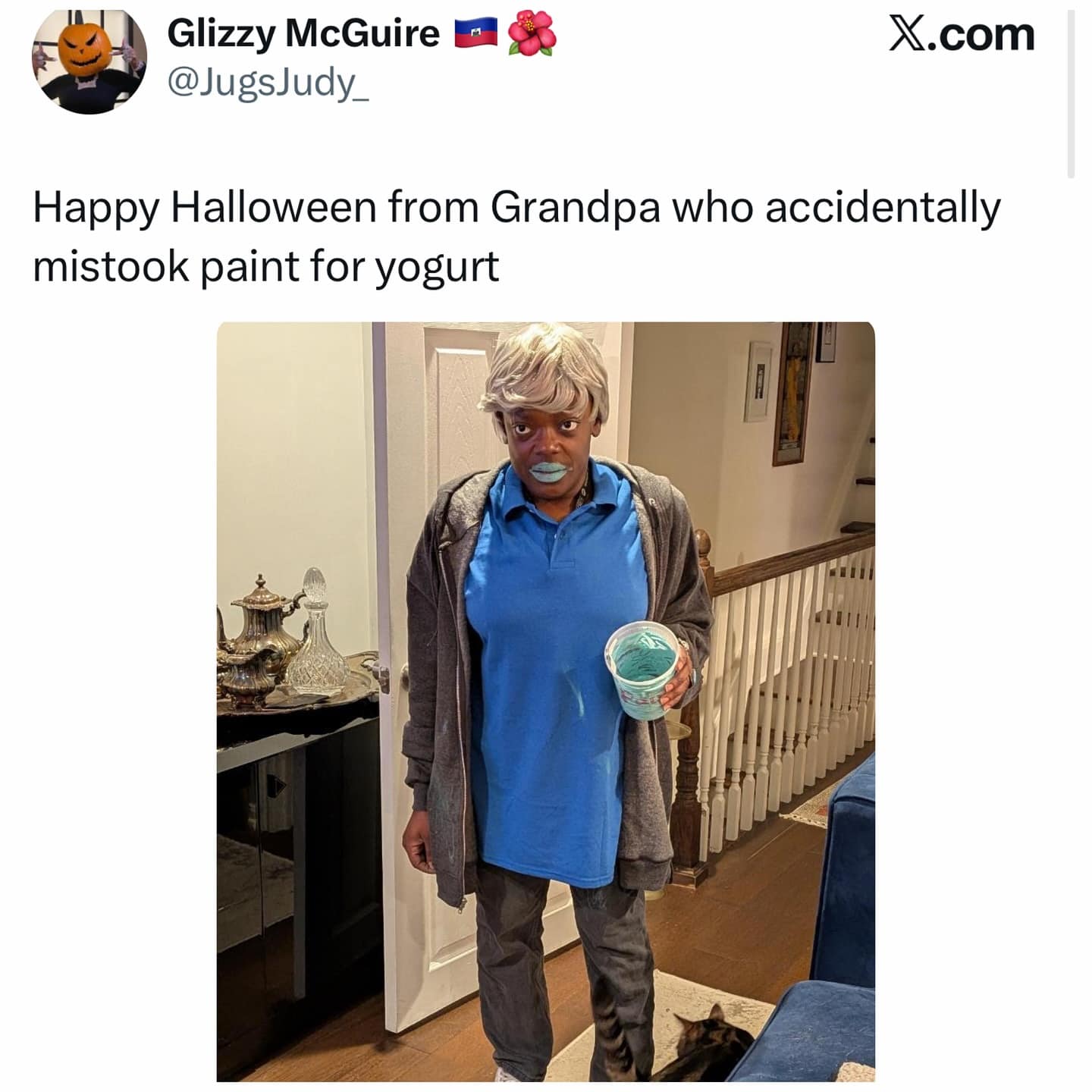 A funny picture of a creative Halloween costume: "Grandpa who accidentally mistook paint for yogurt."
