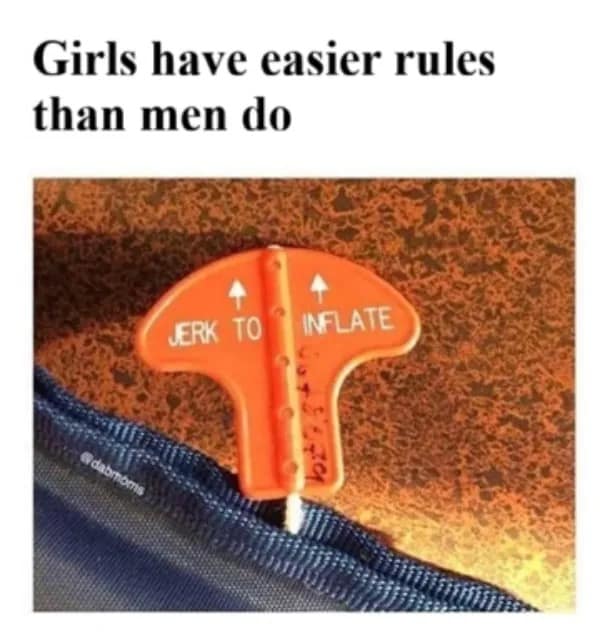 Naughty funny pic using an airplane life vest instruction "Jerk to inflate" to make a joke about rules for men.