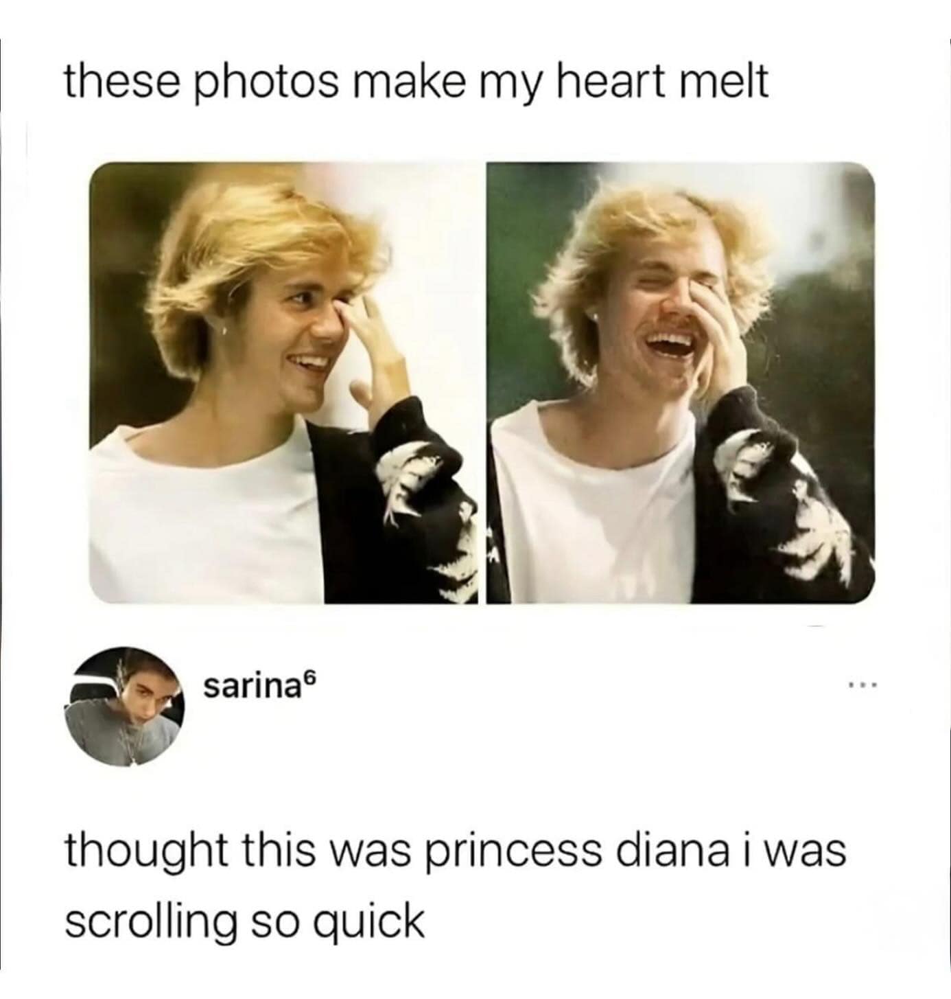 Funny pic post showing a comment where someone mistook photos of Justin Bieber for Princess Diana due to the hairstyle.