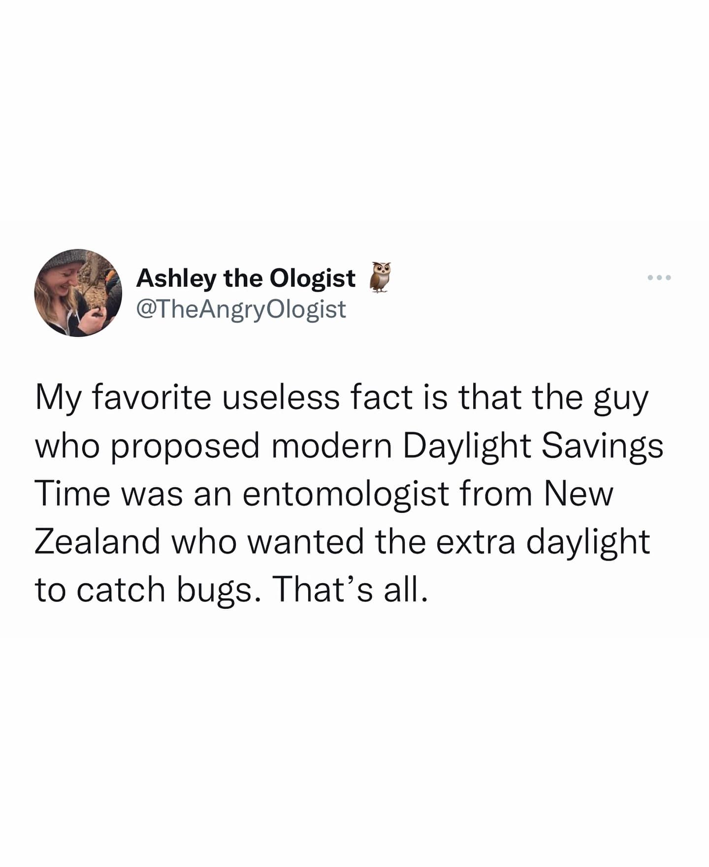 A funny pic tweet of a "useless fact" that Daylight Savings Time was proposed by an entomologist to catch bugs.