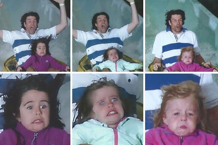 A funny rollercoaster picture collage of three young girls' faces, showing their pure, wind-blown terror.