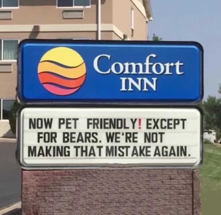A funny sign at a Comfort Inn, stating "NOW PET FRIENDLY! EXCEPT FOR BEARS. WE'RE NOT MAKING THAT MISTAKE AGAIN."