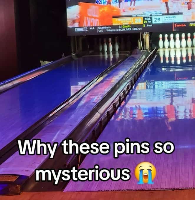 Funny tiktok screenshot questioning the mystery of bowling pin mechanics