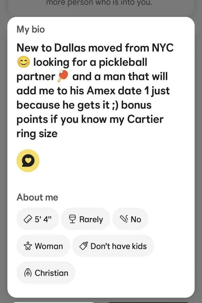 A dating profile bio of a girl who wants a man to "add me to his Amex date 1."