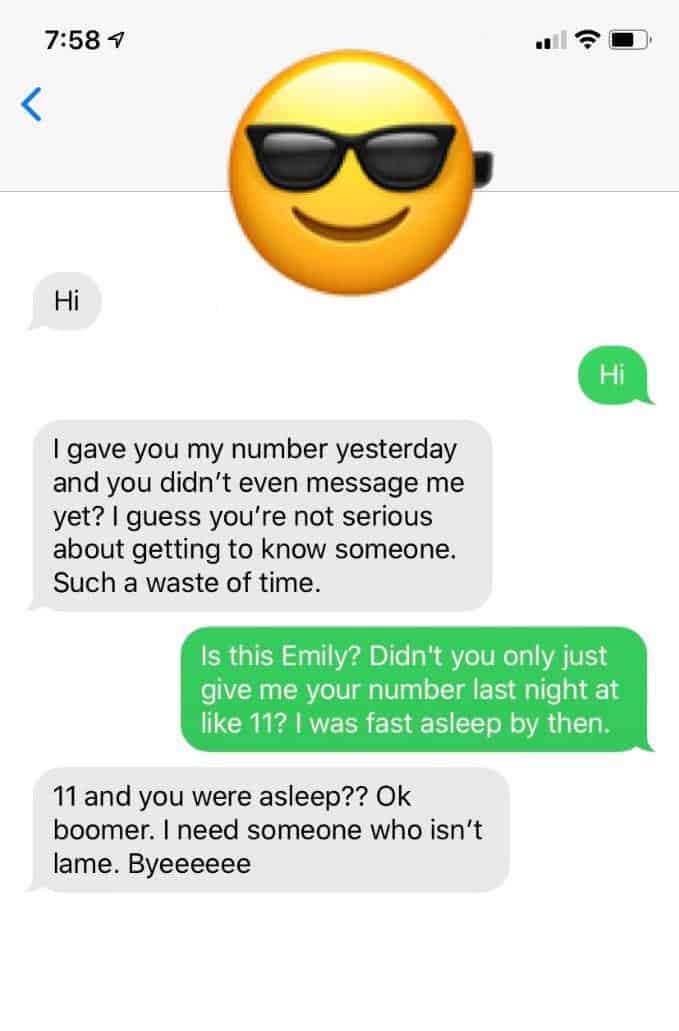 A crazy text exchange where a girl calls a guy a "lame boomer" for being asleep at 11 PM.