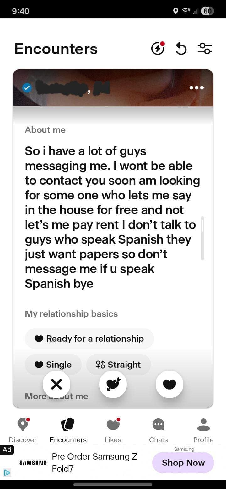 A crazy dating app bio from a girl "looking for some one who lets me stay... for free."