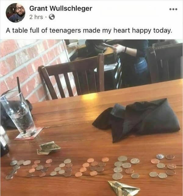 A wholesome Facebook post showing how teenagers spelled out "THANKS" and "PEACE" with their tip money.