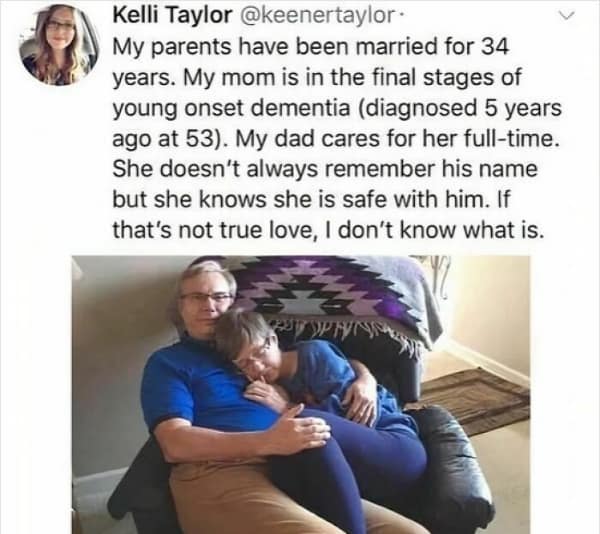 A beautiful, heartbreaking tweet about "true love," showing a husband caring for his wife with dementia.