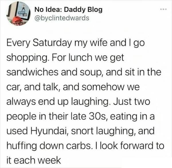 A wholesome tweet about a happy marriage, where a couple loves their weekly "car sandwiches" date.