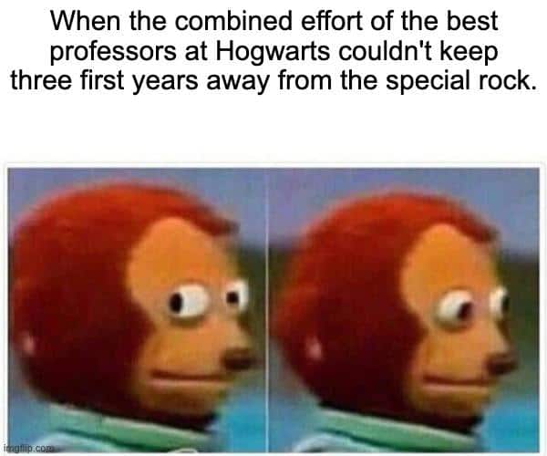 A Harry Potter meme using the "monkey puppet" format to joke about the "special rock" plot hole.