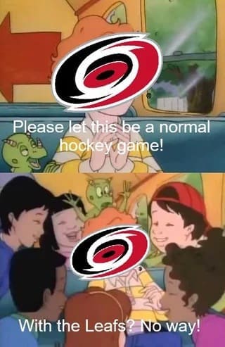 A funny hockey meme using The Magic School Bus to show the chaos of a "Hurricanes vs. Leafs" NHL game.