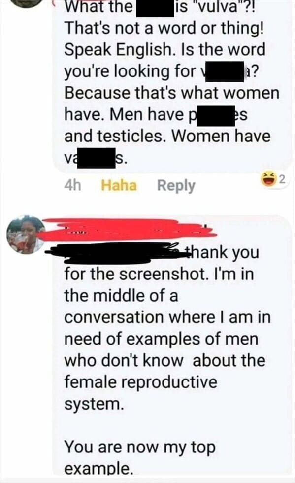 Text message exchange where a man confidently claims women don't have vulvas.