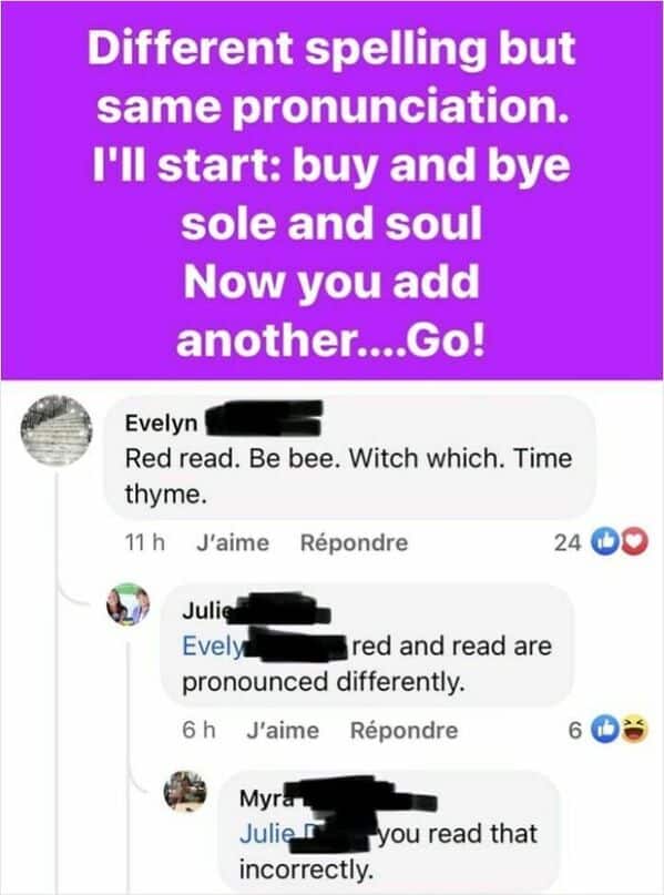 Facebook comment thread failing to list homophones with different spellings.