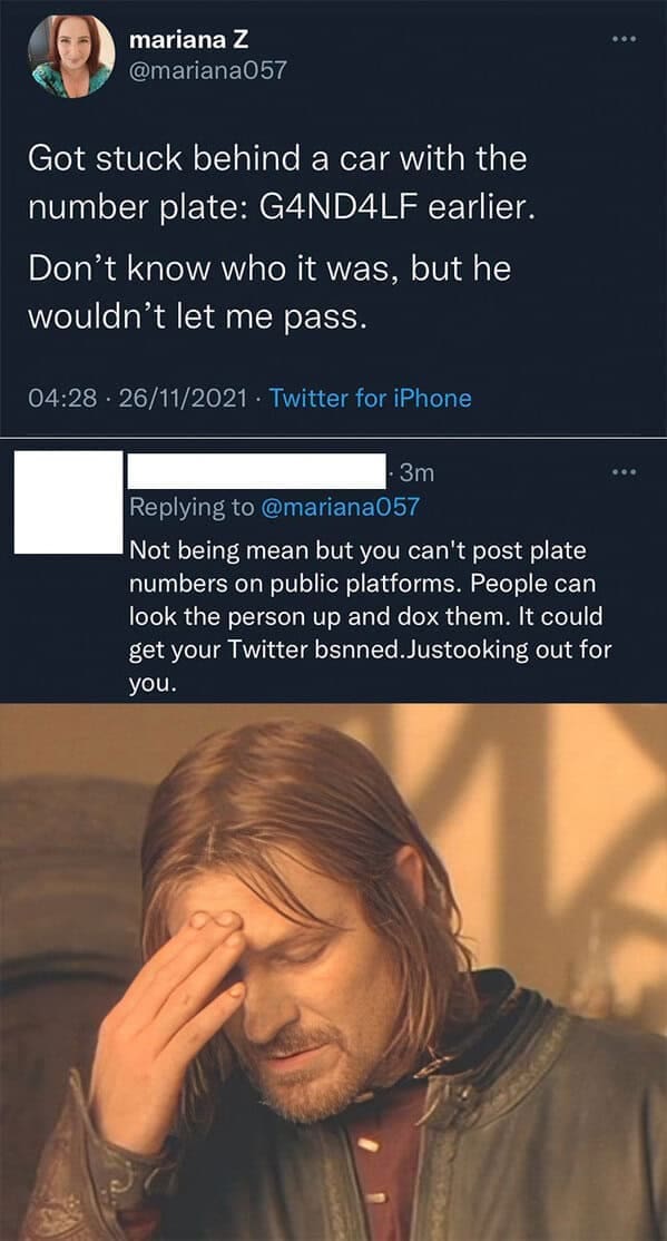 Tweet about Gandalf license plate joke missing the reference entirely.