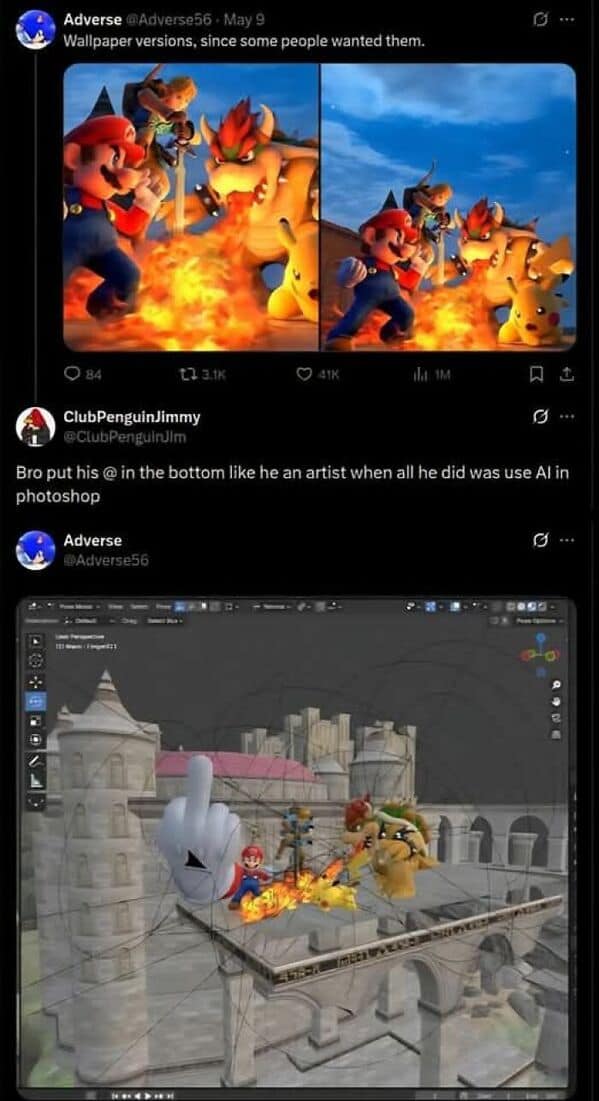 Tweet showing user correcting Mario artwork credit that was actually stolen AI art.