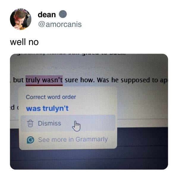 Grammarly suggestion incorrectly changing wasn't to trulyn't in a document.