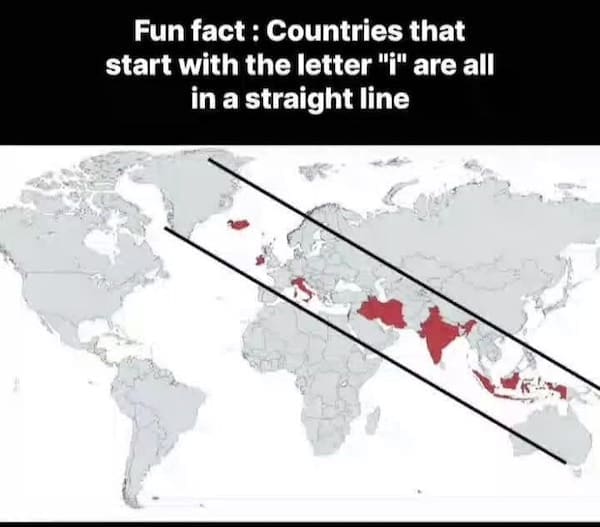 An interesting infographic map showing countries that start with the letter "I" in a straight line