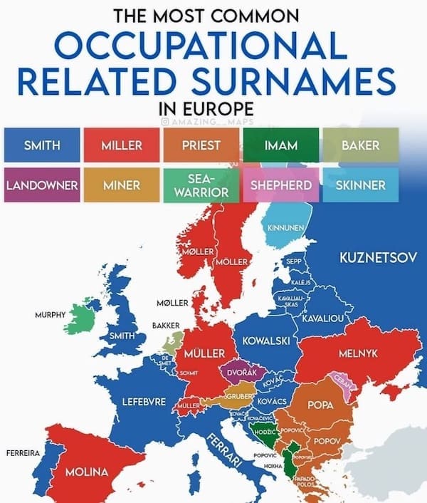 An interesting infographic map of Europe showing the most common occupational-related surnames