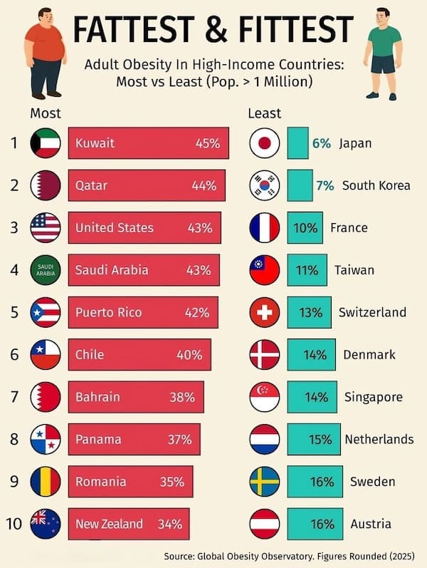 An interesting infographic chart listing the "Fattest & Fittest" high-income countries by obesity rate.