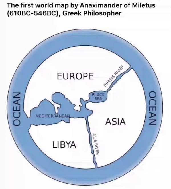 An interesting infographic of the first world map by Greek philosopher Anaximander of Miletus