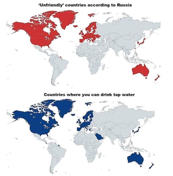 An interesting infographic comparing a map of Russia's "unfriendly" countries with countries that have safe tap water