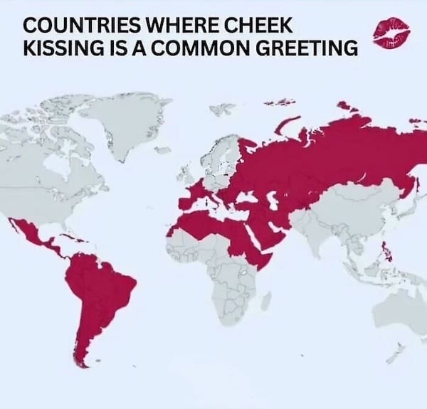 An interesting infographic map showing all the countries in the world where cheek kissing is a common greeting