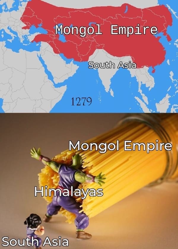 A funny and interesting infographic meme comparing the Mongol Empire and South Asia to Piccolo protecting Gohan.