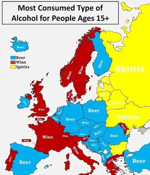 An interesting infographic map of Europe showing the most consumed type of alcohol by country.