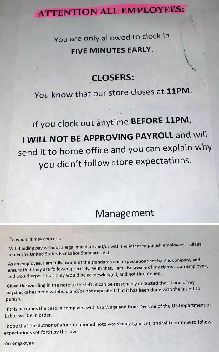 Management notice threatening illegal wage theft for employees who clock out late.