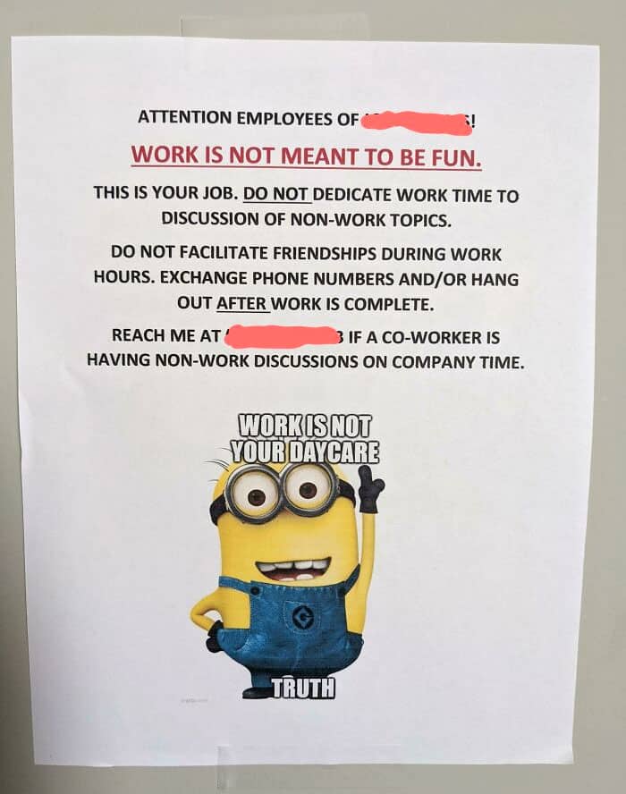 Minion poster telling employees work is not meant to be fun or for making friends.