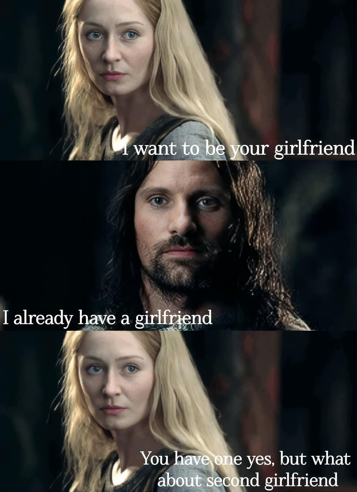 A LoTR meme parodying "second breakfast," where Eowyn asks Aragorn about a "second girlfriend."