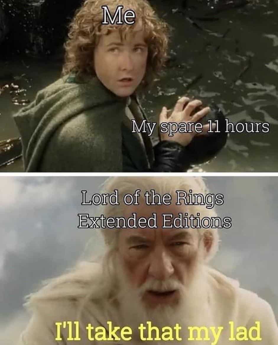 A LoTR meme of Gandalf ("Extended Editions") taking Pippin's ("Me") "spare 11 hours."