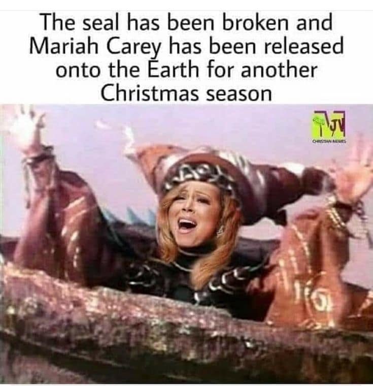 A funny Mariah Carey meme showing her face on Rita Repulsa, breaking free for Christmas.