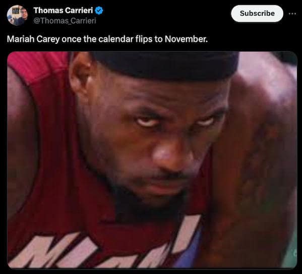 A funny Mariah Carey meme using a picture of LeBron James' intense stare to show her focus on November.